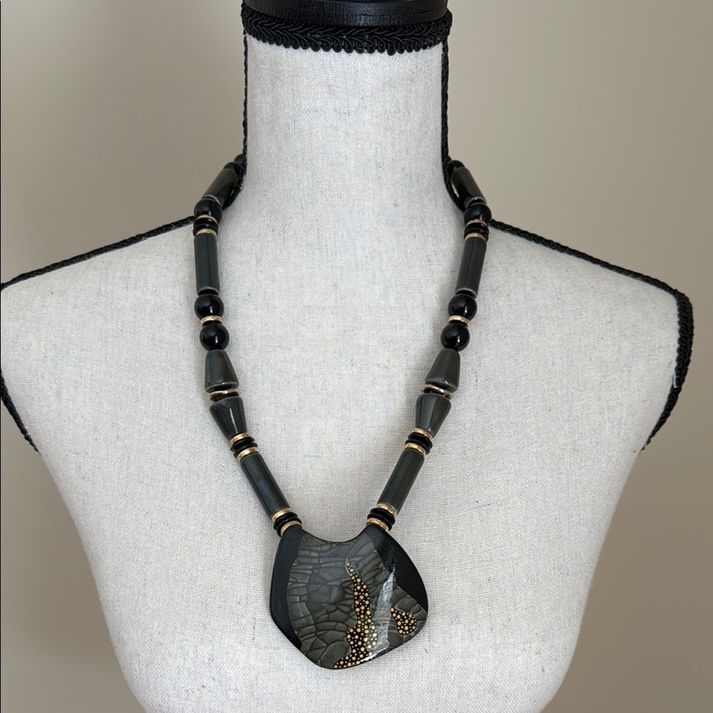 Vintage Black Gold Tone Ceramic Chunky Bead Abstract Pendant Necklace Japan